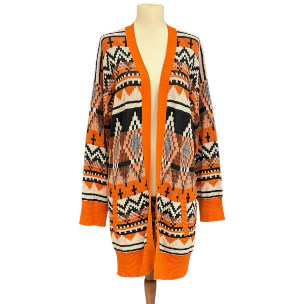 Serra Orange & Black Aztec Open Front Cardigan Sweater Size Medium Boho Western